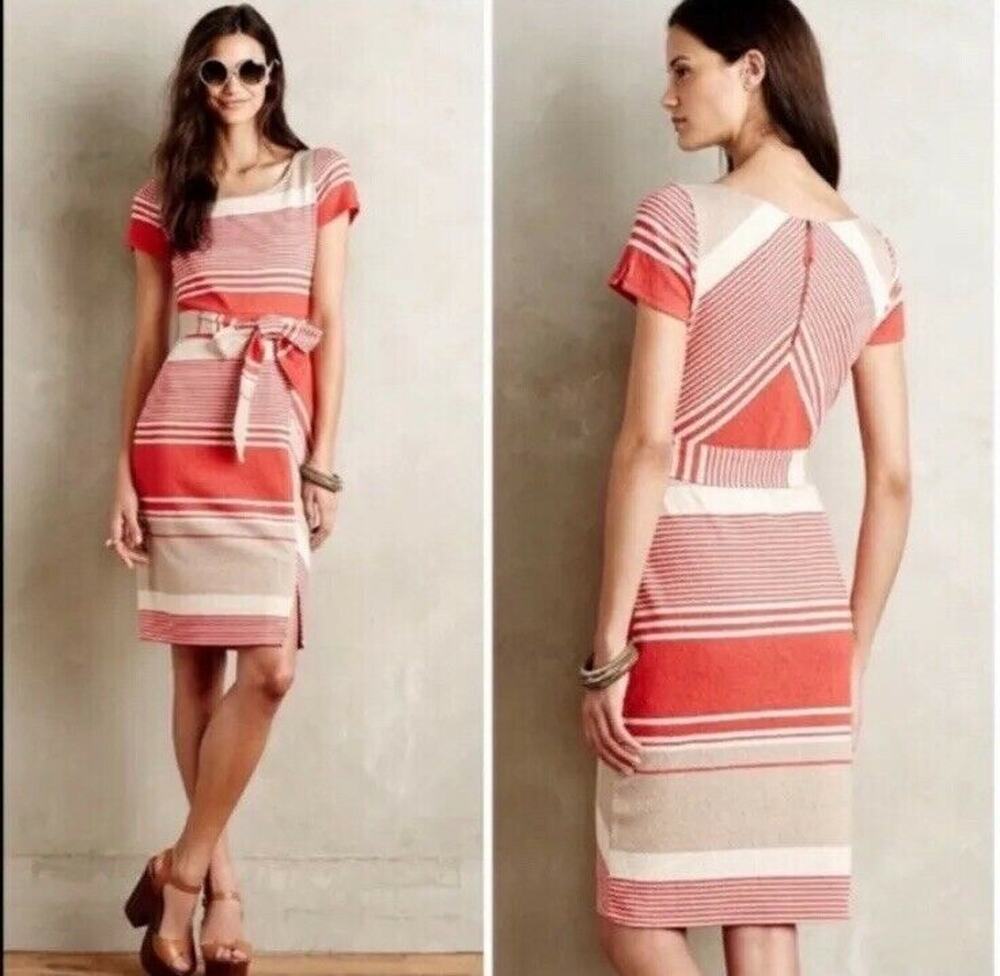 ANTHROPOLOGIE LILKA Sorella Red Tan White Crew Striped Bodycon Casual Dress M